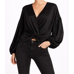 Topshop Womens Blouse Top Satin V Neck  Long Sleeve Black Size 14